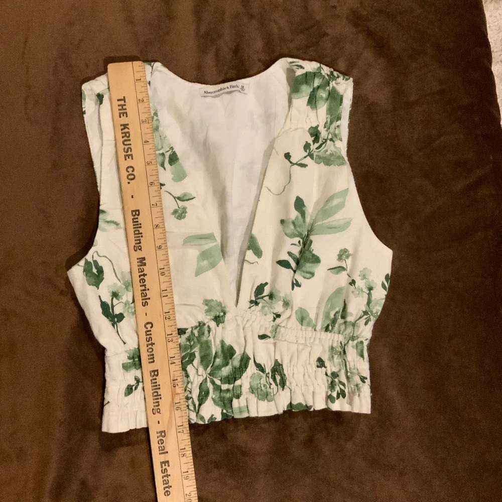 Abercrombie & Fitch White Green M Linen/Cotton Top Cropped Coquette Scandi Girl - Picture 9 of 9
